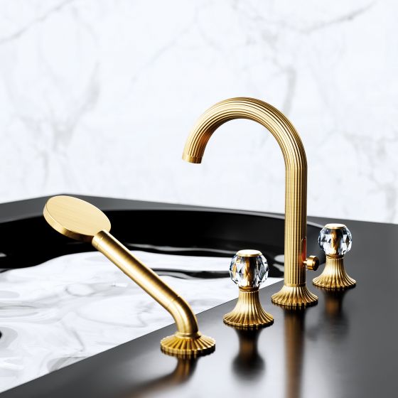 Jörger Design, Cronos Crystal, gold, crystal handles, bathtub faucet, bathtub, water, clear crystal, bathroom faucets, elegant, luxurious