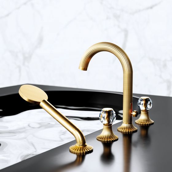 Jörger Design, Cronos Crystal, Gold matt, Kristallgriffe, Badewannenarmatur, Badewanne, Wasser, klarer Kristall, Badezimmerarmaturen, elegant, luxuriös