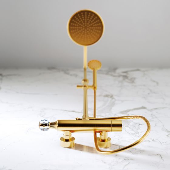Jörger Design, Cronos Crystal, gold matt, crystal handles, shower faucets, shower area, shower system, rain shower, clear crystal