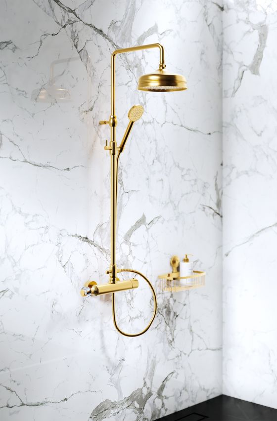 Jörger Design, Cronos Crystal, gold matt, crystal handles, shower area, shower, rain shower, accessories, soap dispenser, sponge basket