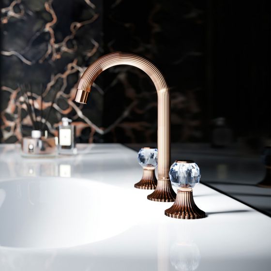 Jörger Design, Cronos Crystal, rose gold, crystal handles, washbasin faucet, clear crystal, washbasin, bathroom, designer faucets