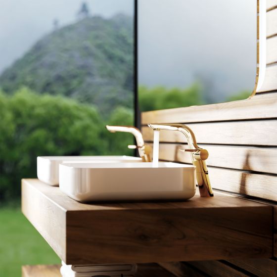 Jörger Design, Exal, sunshine, washbasin, washbasin faucet, bathroom design, window, mirror, view, nature, wooden wall