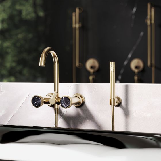 Jörger Design, Valencia, sunshine matt, bathtub, tub, faucet, shower mixer, crystal,  Joerger, luxurious, black Marble, black bathroom, black washbasin