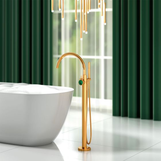 Jörger Design, Valencia, gold, bath tub, faucet, bathroom, luxury bathroom, designer faucets, noble, elegant, Joerger, luxurious, tap handle, Malachite, gemstone, white tub