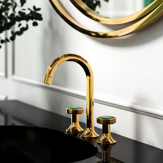 Jörger Design, Valencia, gold, washbasin, faucet, bathroom, luxury bathroom, designer faucets, classy, elegant, Joerger, luxurious, tap handle, Malachite, gemstone, black, bathroom furniture