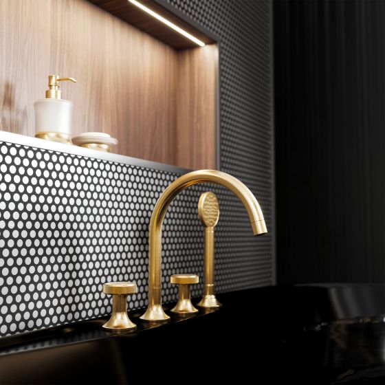 Jörger Design, Valencia, gold matt, bathtub faucet, bathroom, bathtub accessories, soap dispenser, details, bathtub, luxurious, elegant