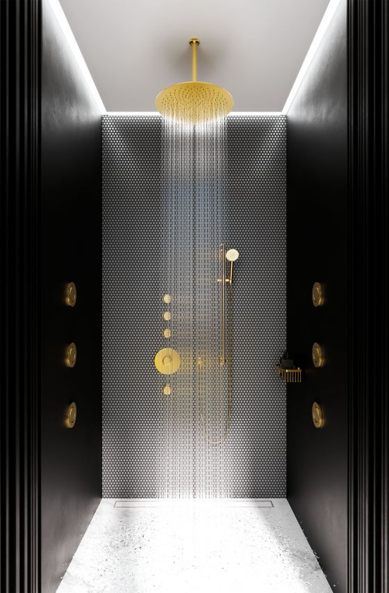 Jörger Design, Valencia, gold matt, shower, shower area, rain shower, at ground level, side shower, shower combination, elegant, luxurious