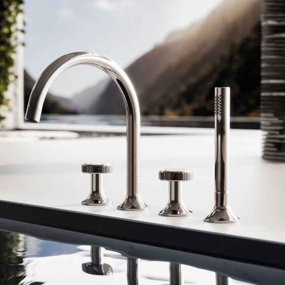 Jörger Design, Valencia, platinum, tub, faucet, bathroom, spa, luxury bathroom, designer faucets, classy, elegant, Joerger, luxurious, white Turquoise, tap handle, gemstones