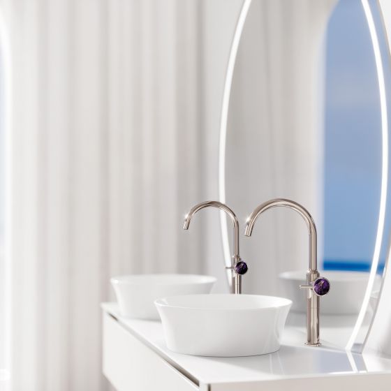 Jörger, design, Valencia, platinum, amethyst, violet, faucet handle, washbasin tap, XXL, luxury, jewellery design, white, tulip, nature, Duravit, Starck, Joerger