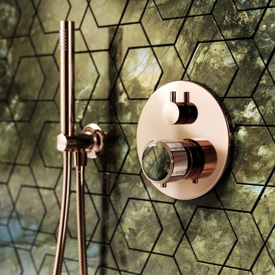 Jörger Design, Valencia, rose gold, concealed thermostat, shower, faucet, bathroom, spa, luxury bathroom, designer faucets, classy, elegant, Joerger, luxurious, Labradorite, gemstones, nature