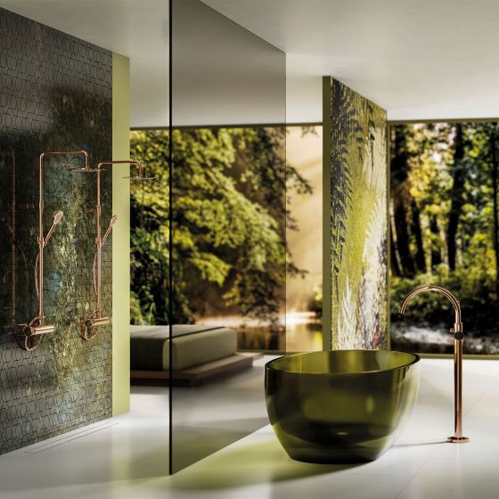 Jörger Design, Valencia, rose gold, shower, faucet, bathroom, tub, spa, luxury bathroom, designer faucets, classy, elegant, Joerger, luxurious, Labradorite, gemstones, nature