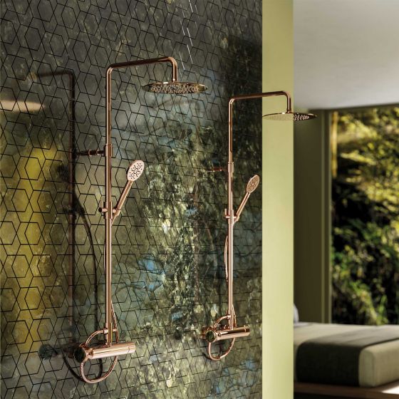 Jörger Design, Valencia, rose gold, shower, faucet, bathroom, spa, luxury bathroom, designer faucets, classy, elegant, Joerger, luxurious, Labradorite, gemstones, nature