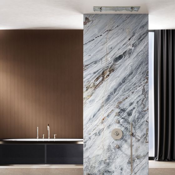 Jörger Design, Valencia, Silbernickel, Wannenarmatur, Dusche, Duscharmatur, Regenhimmel, Rainheaven, Armatur, Badezimmer,  Luxusbadezimmer, Designer Armaturen, edel, elegant, Joerger, luxuriös, Palissandro Blue, Naturstein