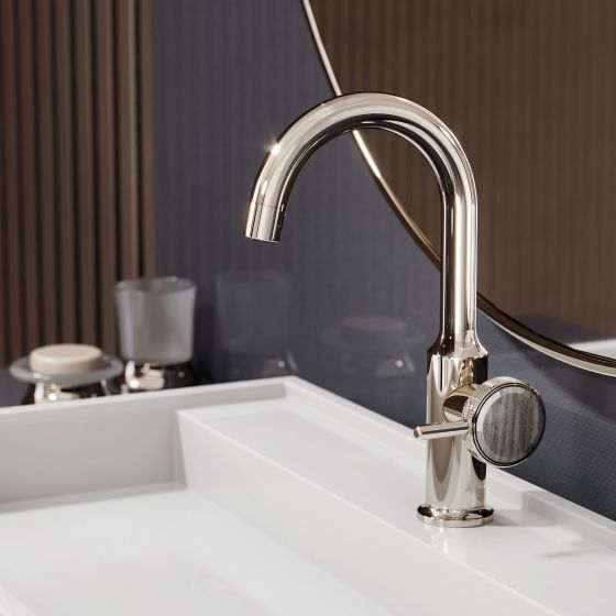 Jörger Design, Valencia, polished nickel, washbasin, faucet, accessories, soap dish holder, tumbler holder, bathroom,  luxury bathroom, designer faucets, classy, elegant, Joerger, luxurious, Palissandro blue, tap handles, gemstones