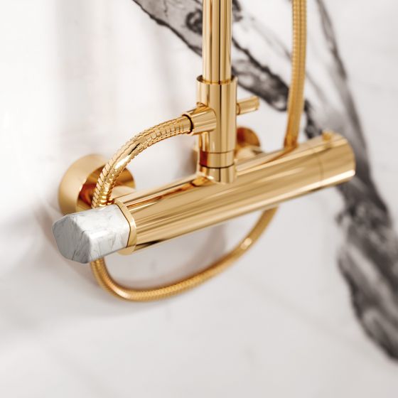 Jörger Design, Shadó, sunshine, natural stone, white turquoise, shower area, shower thermostat, neoclassical, joerger