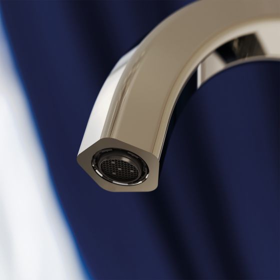 Jörger Design, Shadó, polished nickel, natural stone, blue aventurine, washbasin mixer, tap spout, art déco, polygon, joerger