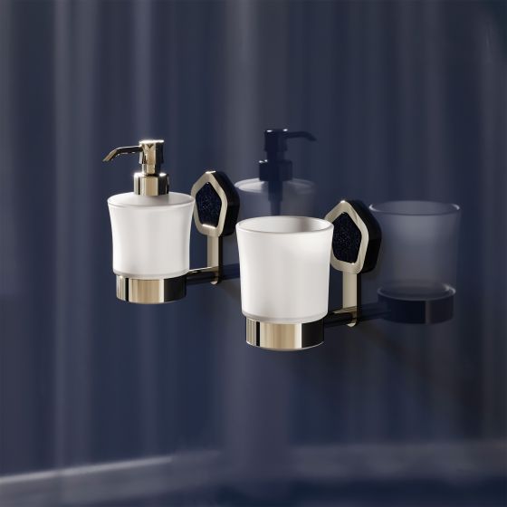 Jörger Design, Shadó, polished nickel, aventurine blue, bathroom accessories, soap dispenser, tumbler holder, art déco, polygon, joerger