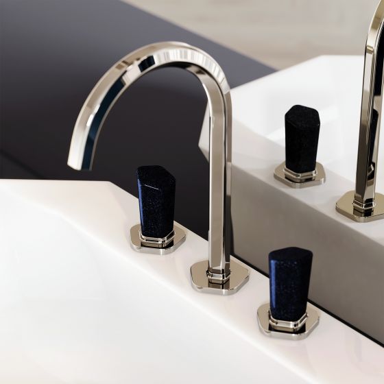 Jörger Design, Shadó, polished nickel, aventurine blue, washbasin mixer, washbasin 3-hole mixer, mirror, art déco, polygon, joerger