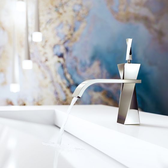 Jörger Design, Turn, polished nickel, washbasin, faucet, tower, rotation, unusual, inspired by the spectacular Infinity Tower in Dubai, designer faucet, joerger