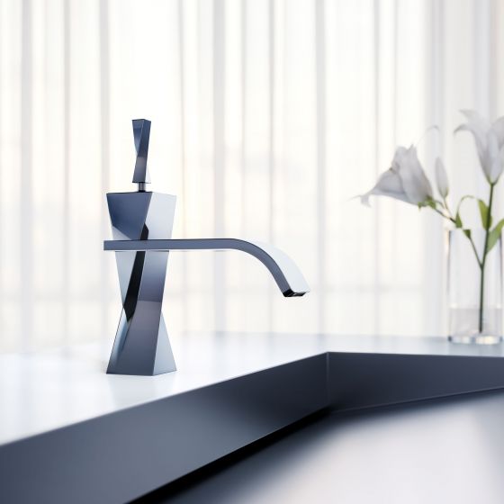 Jörger Design, Turn, chrome, washbasin, faucet, inspired by the spectacular Infinity Tower in Dubai, rotation, designer faucet, joerger