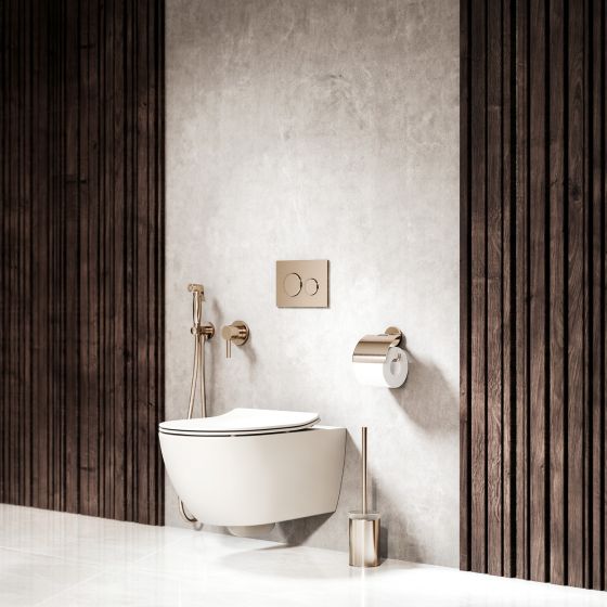 Jörger Design, Exal, интерьер санузла, гигиенический душ для биде, аксессуары для туалета, держатель для туалетной бумаги, напольный ершик для унитаза, матовый никель, дизайнерский смеситель, финишные покрытия, специзготовление