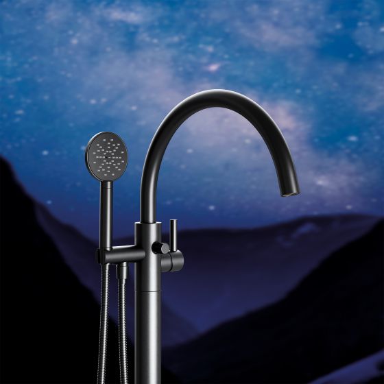 örger Design, Charleston Square, black matt, bath mixer, free standing, detail view, designer faucets, Joerger