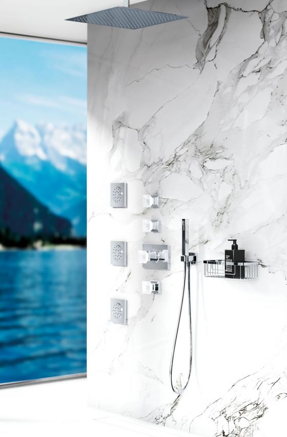 Jörger Design, Empire Royal Crystal, chrome, shower, shower combination, rain shower, marble, crystal handles, clear crystal, side showers, joerger