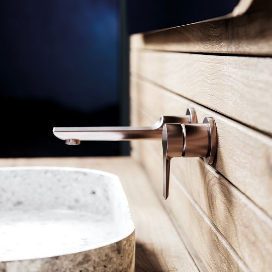 Jörger Design, Exal, mink matt, washbasin, wall faucet, detail, focus, wooden wall, joerger