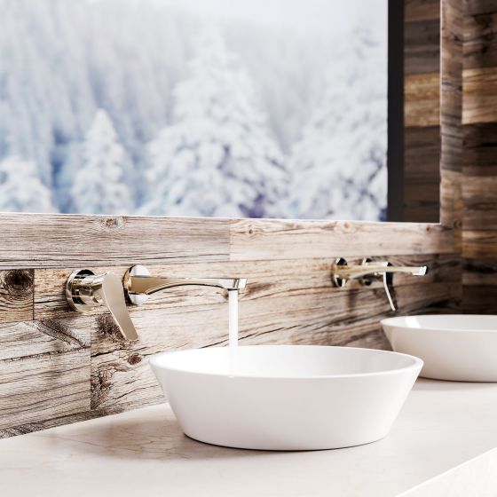 Jörger Design, Eleven, polished nickel, washbasin, faucet, focus, details, mirror, wood look, joerger