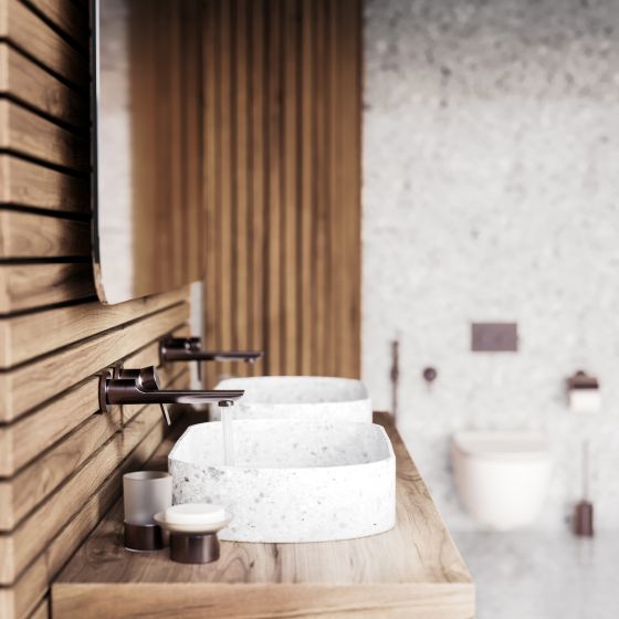 Jörger Design, Exal, mink matt, washbasin, wall faucet, bathroom, accessories, wooden wall, modern, stylish, feel good, joerger