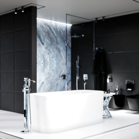 Joerger design, turn, chrome, bathroom complete, free standing bathtub, bathtub, bathroom, faucets, inspired by the spectacular Infinity Tower in Dubai, turned, shower combination, accessories, designer faucets, Joerger