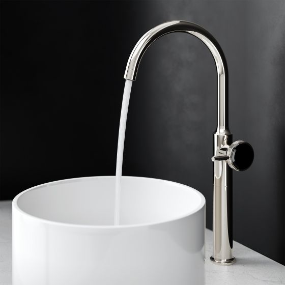 Jörger Design, Valencia, polished nickel, washbasin, tap, free standing, crystal handle, black crystal, designer tap, joerger