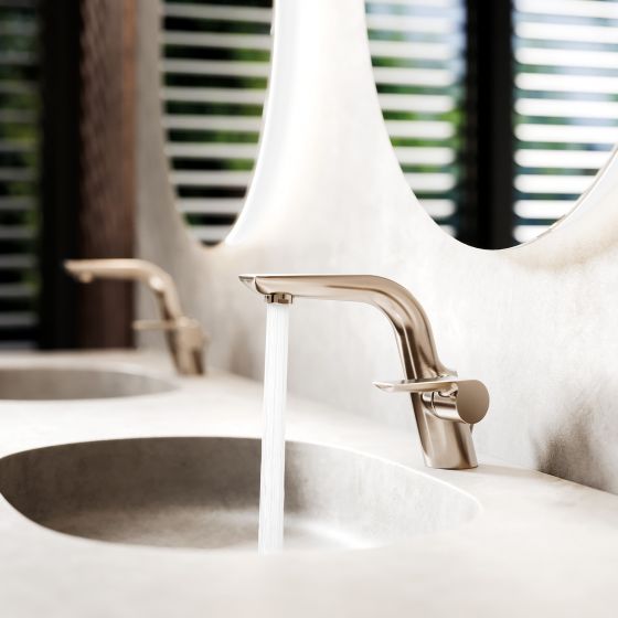 Jörger Design, Exal, satin nickel, washbasin faucet, 1-hand mixer, mirror, modern, timeless, simple, designer faucet