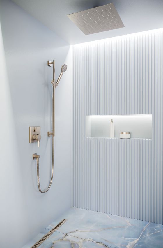 Jörger Design, Charleston Square, platinum, matt, modern, shower area, rain shower, designer fittings, shower combination, simple, elegant, joeger