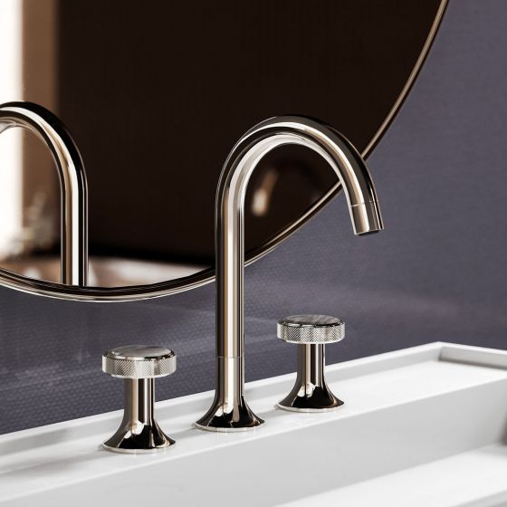 Jörger Design, Valencia, polished nickel, washbasin, faucet, bathroom,  luxury bathroom, designer faucets, classy, elegant, Joerger, luxurious, Palissandro blue, tap handles, gemstones, white washbasin, round mirror