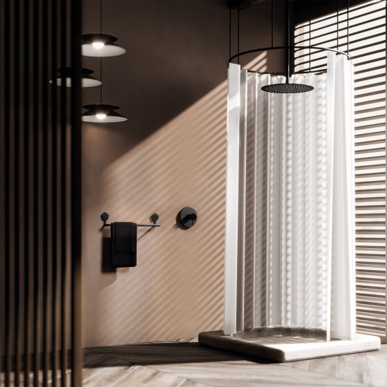 Jörger Design, Shadó, black matt, natural stone, black marble, shower area, sinlge lever shower mixer, concealed mixer, accessories