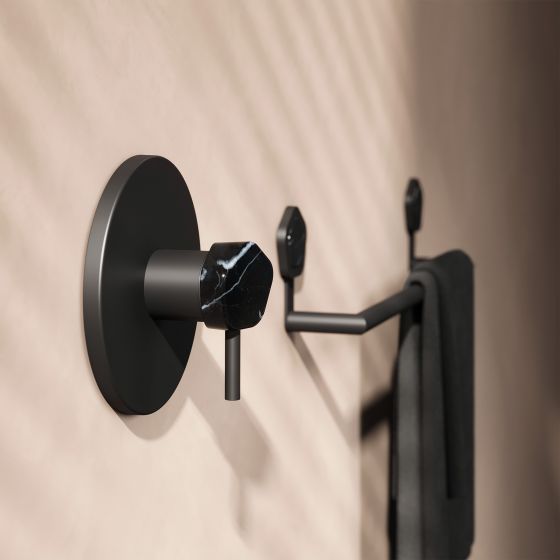 Jörger Design, Shadó, black matt, natural stone, black marble, sinlge lever shower mixer, concealed mixer, accessories