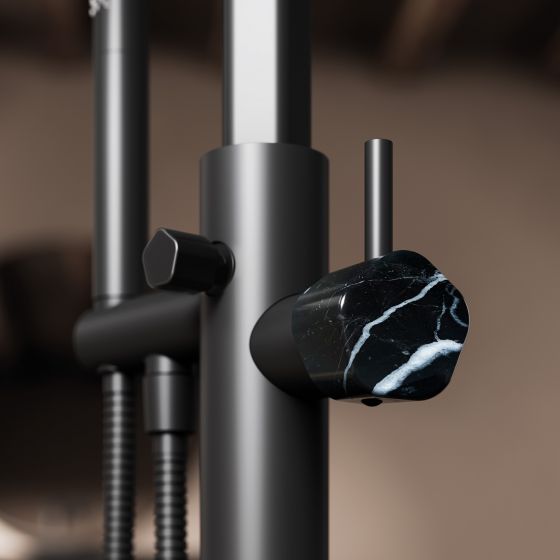 Jörger Design, Shadó, black matt, natural stone, black marble, bath mixer, tap handle, freestanding bath mixer
