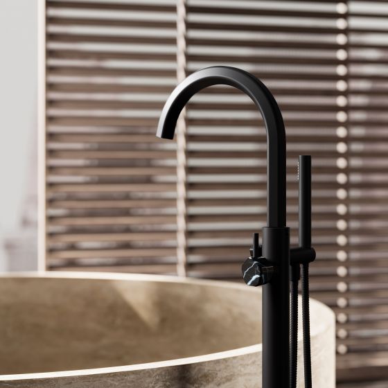 Jörger Design, Shadó, black matt, natural stone, black marble, freestanding bath mixer, bath mixer, Joerger