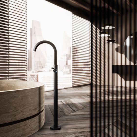 Jörger Design, Shadó, black matt, natural stone, black marble, freestanding bath mixer, bath mixer, Joerger