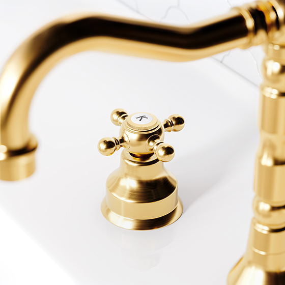 Jörger Design, Delphi, gold matt, washbasin, faucet, 3-hole mixer, cross handles