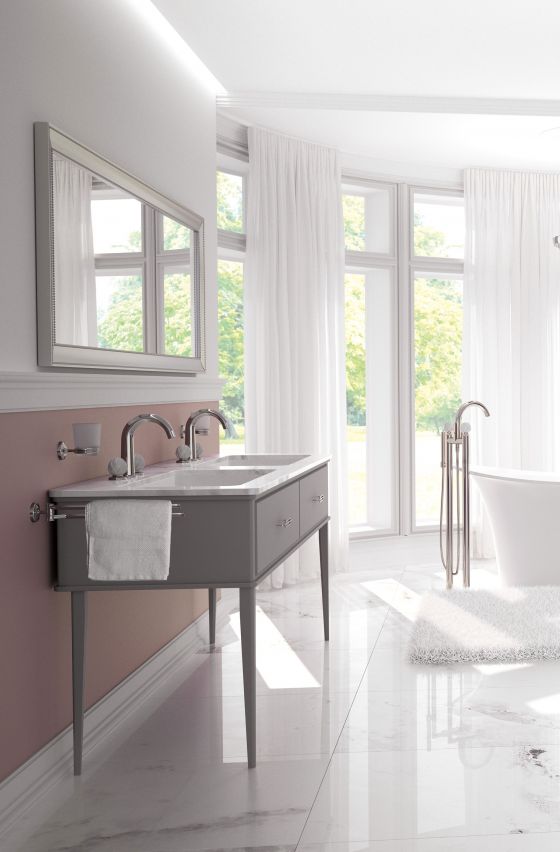 Jörger Design, Belledor, Platin, Waschtisch, Armaturen, Spiegel, Porzellangriffe, Badewanne, freistehend, Accessoires, romantisch, verspielt, edel, Joerger