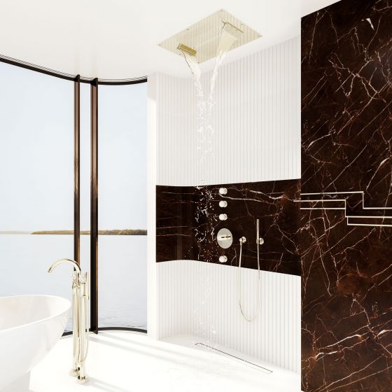 Jörger Design, Belledor, polished nickel, shower area, rain shower, concealed valve module, porcelain handle, shower set, bath, free standing, luxury, Joerger