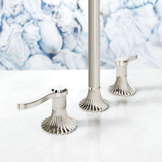 Jörger Design, Cronos, polished nickel, craftmanship, faucet handles, lever handles, groove design, rosette, brilliant, luxurious, design faucet