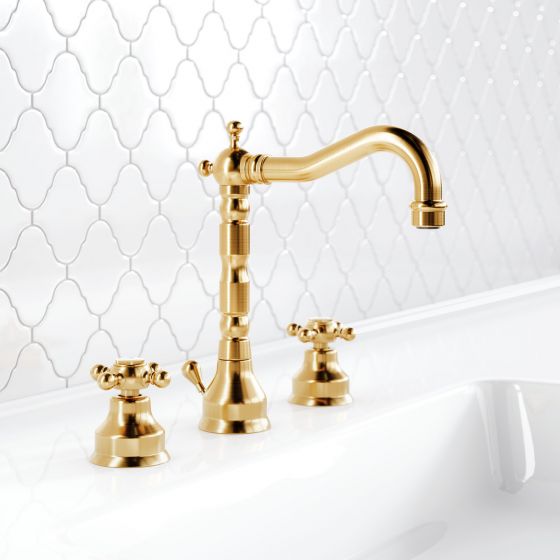 Jörger Design, Delphi, gold matt, washbasin, faucet, 3-hole mixer, cross handles, joerger