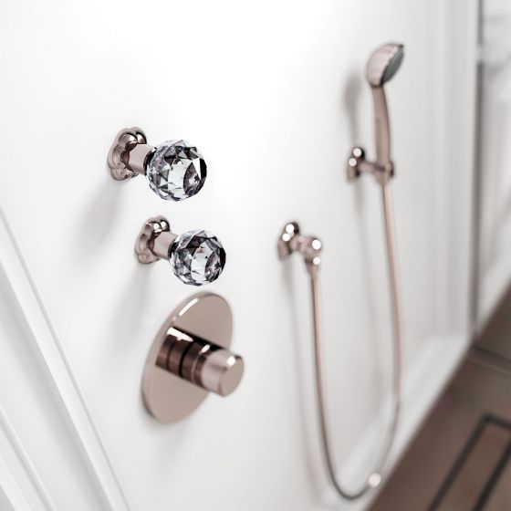 Jörger Design, Floral Crystal, polished nickel, concealed thermostat, shower enclosure, shower set, crystals, amethyst, designer faucets, joerger