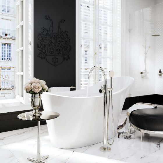 Jörger Design, Valencia, polished nickel, crystal, black, bath set, bath, free standing, faucet, stylish, romantic, nostalgia, shower combination, Joerger