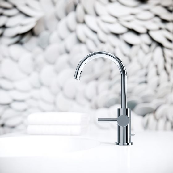 Jörger, Design, Bauhaus style, design style, modern and minimalistic Washbasin tap in chrome from the "Charleston Royal" series in profile, against an attractive texture background  