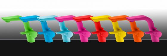 Jörger, Design, Exal, washbasin fitting, shown in the eight new bright colours: azure matt, apple green matt, purple matt, pink matt, turquoise matt, red matt, orange matt und yellow matt.