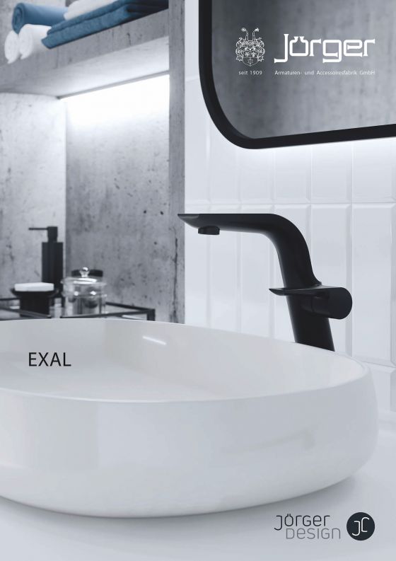 Cover of the new brochure for the Exal series in matt black as download (PDF 1.2 MB). The picture shows the washbasin fitting in matt black.